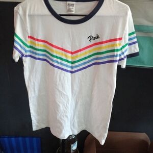 PINK Victoria's Secret White Tee with Rainbow Stripes